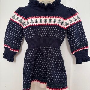Christmas Janie and Jack Navy Knit Dress with Red and Green Tree Accents
